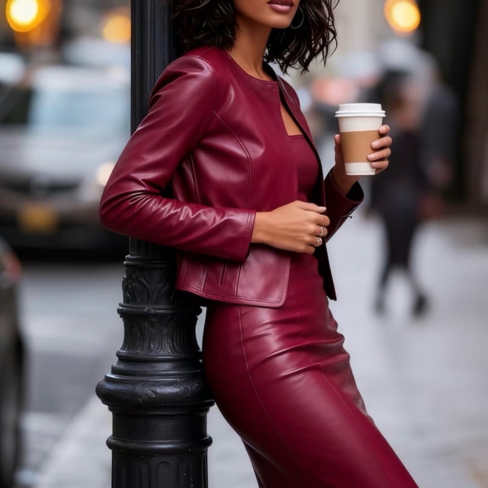 Women's Fitted Faux Leather Blazer in Burgundy - Picture 3 of 6